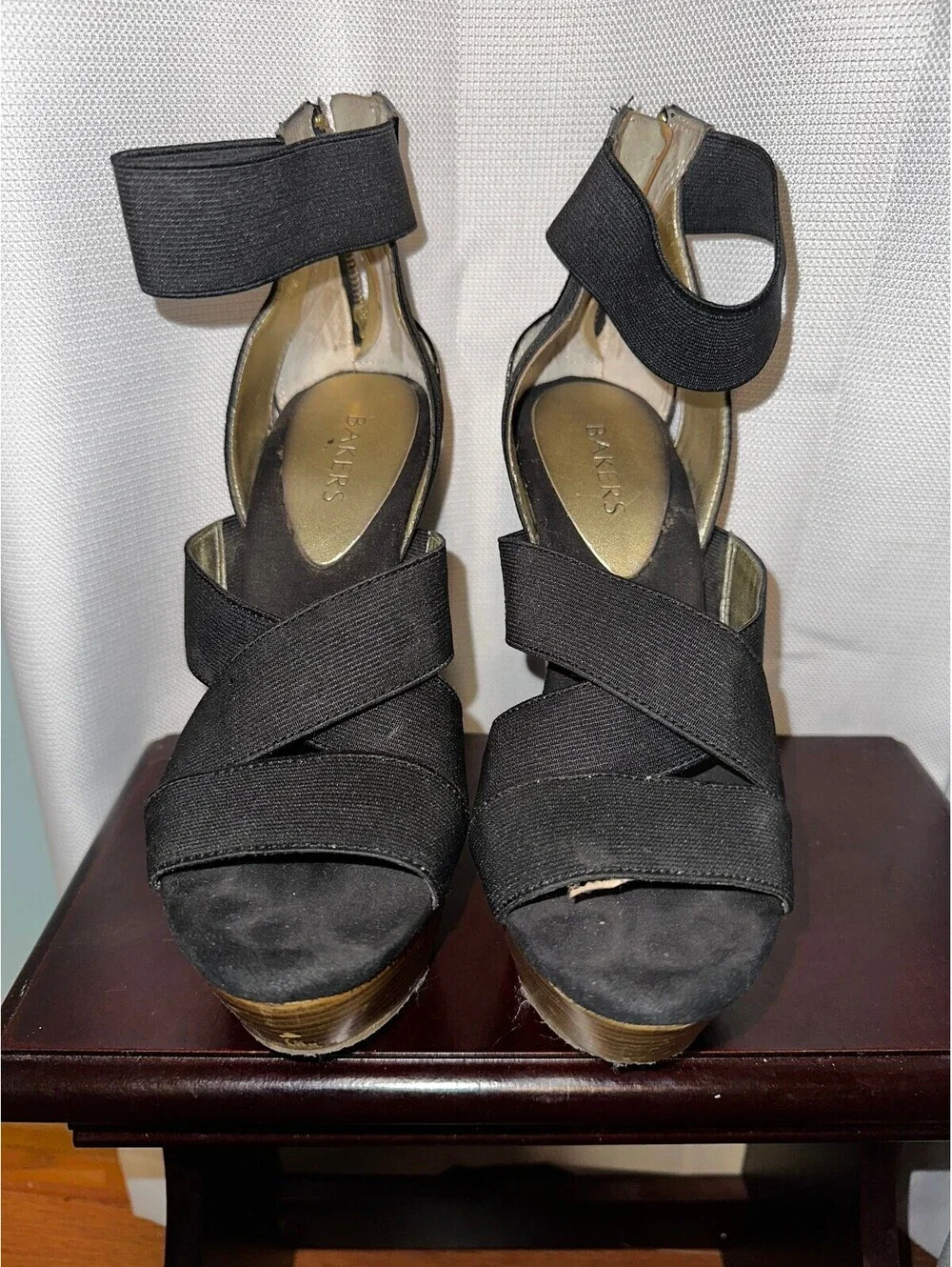 Black High Heel Platform Sandals Wooden Stacked Heels 8 1/2